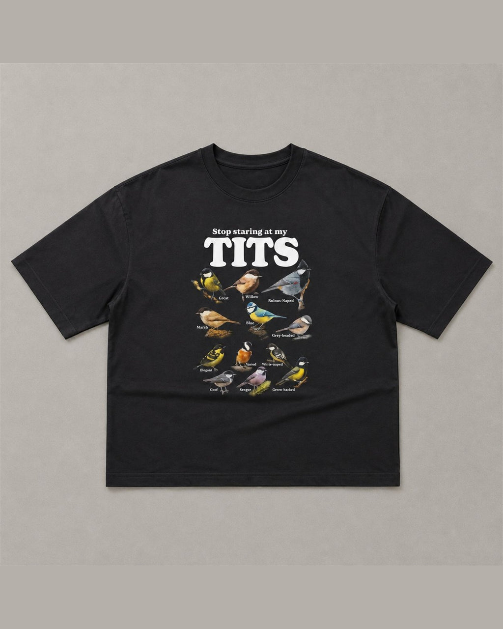 Black heavyweight tee reading Stop staring at my TITS above a labelled chart of twelve tit bird species