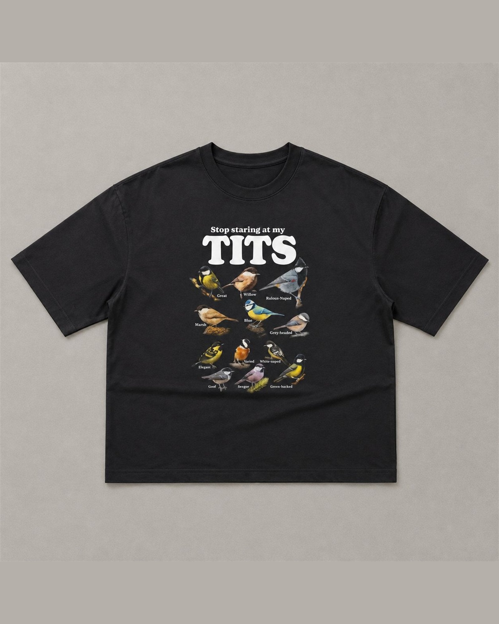 Black heavyweight tee reading Stop staring at my TITS above a labelled chart of twelve tit bird species