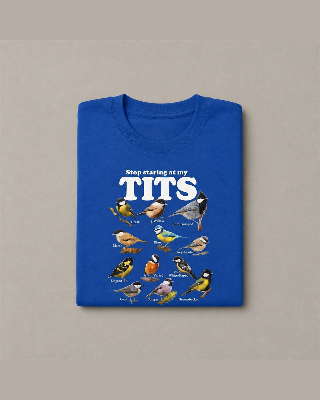 STOP STARING AT MY TITS tee folded, showing the Royal Blue colorway