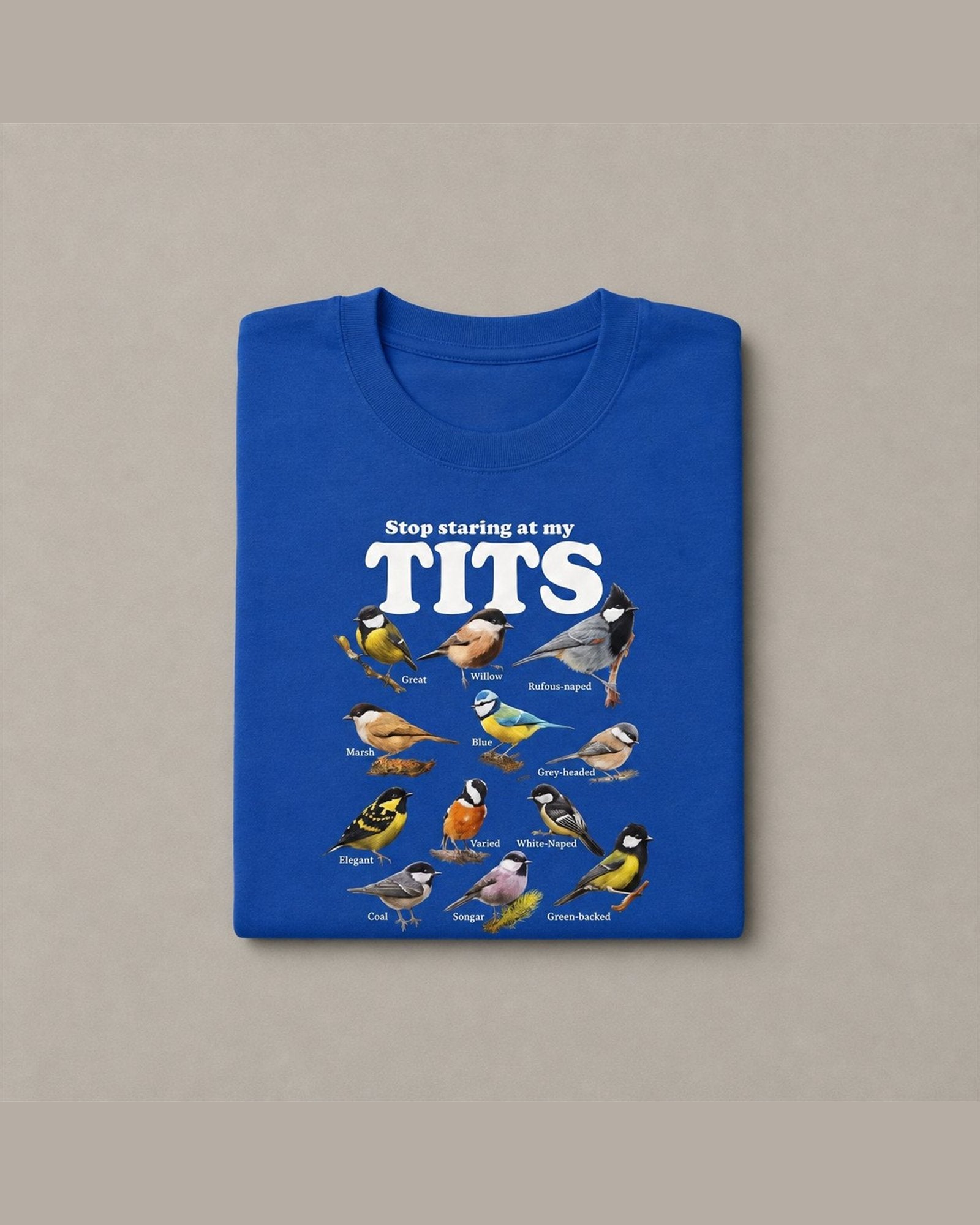 STOP STARING AT MY TITS tee folded, showing the Royal Blue colorway
