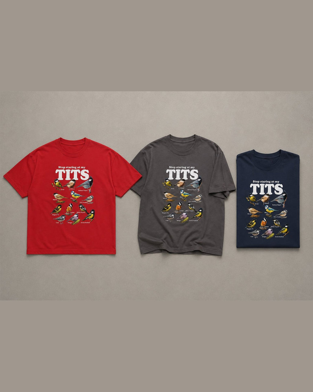 STOP STARING AT MY TITS tee shown in Red/Charcoal/Navy