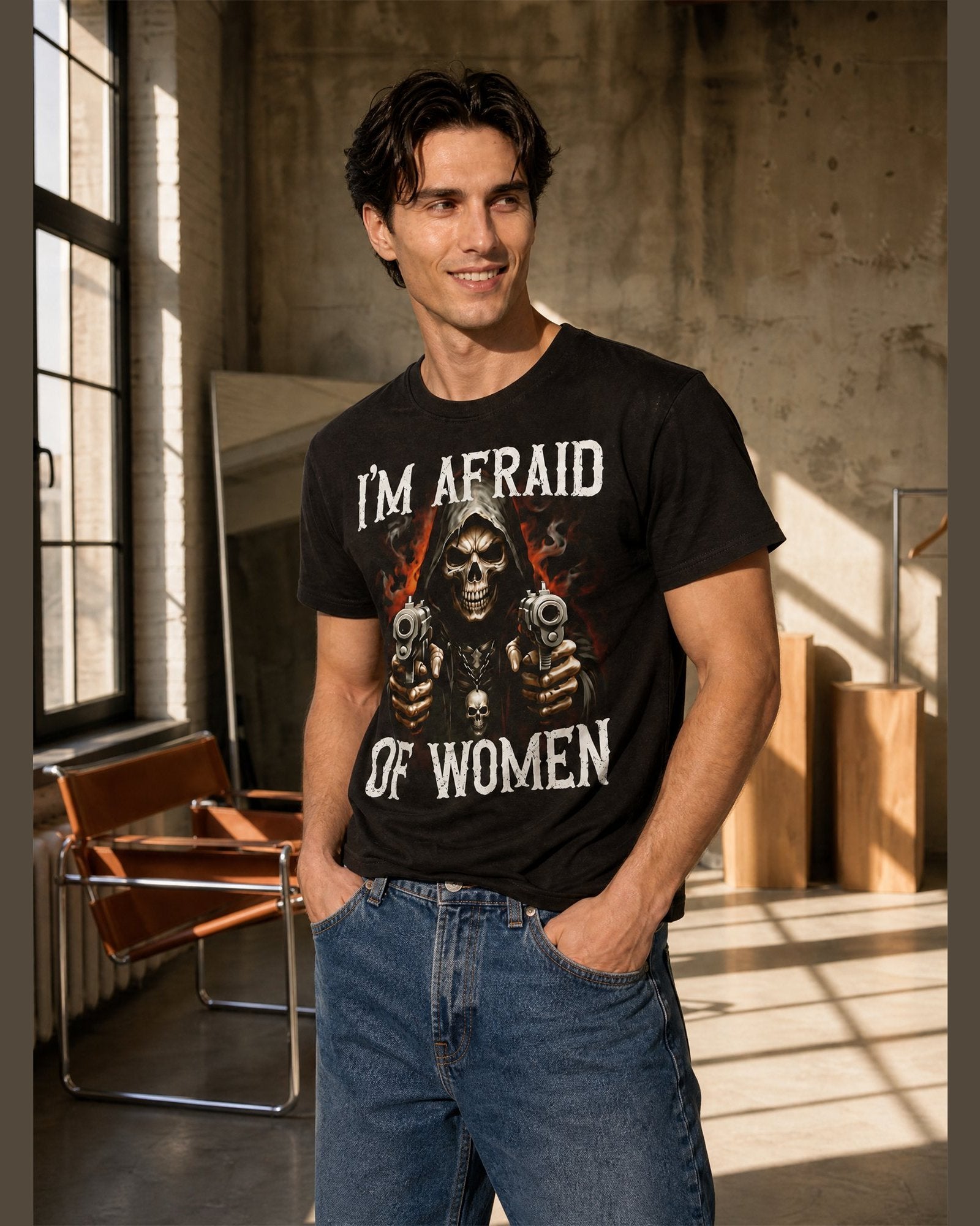 Man wearing the I'M AFRAID OF WOMEN heavyweight boxy tee in Black