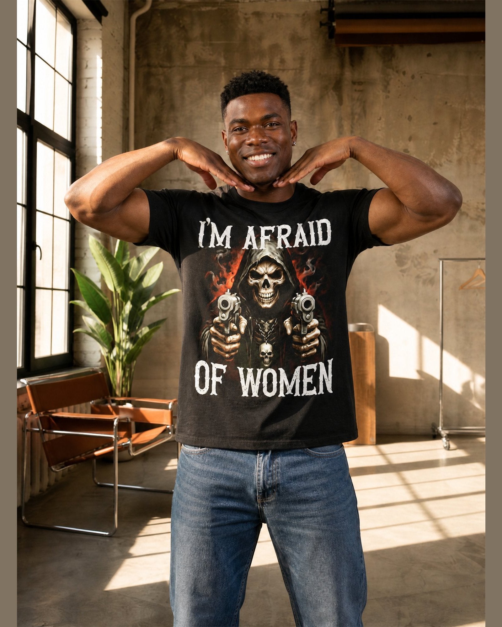 Man wearing the I'M AFRAID OF WOMEN heavyweight boxy tee in Black