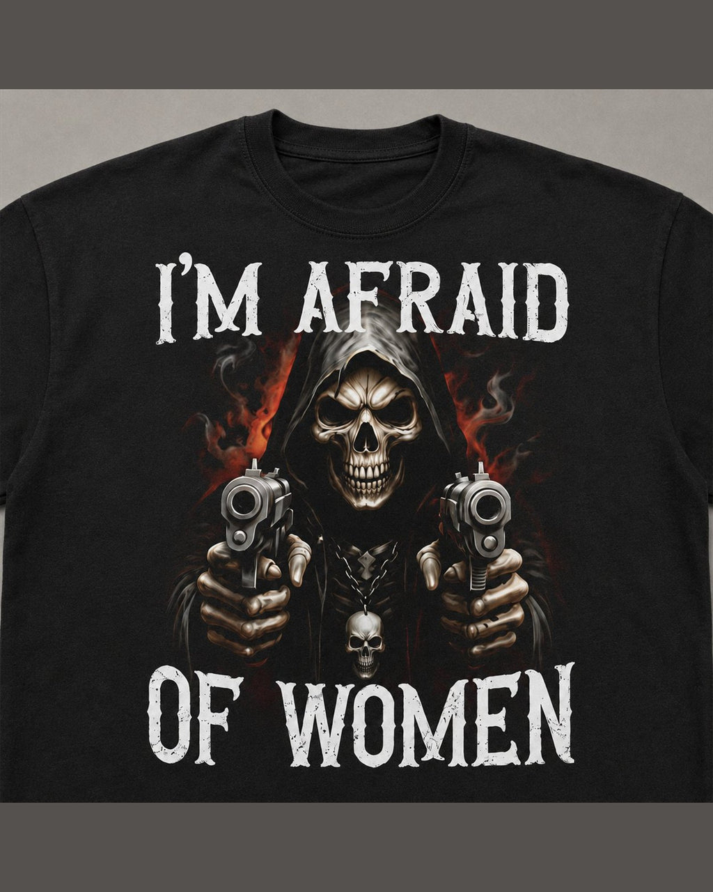 Close-up of the screen printed I'M AFRAID OF WOMEN graphic on heavyweight cotton