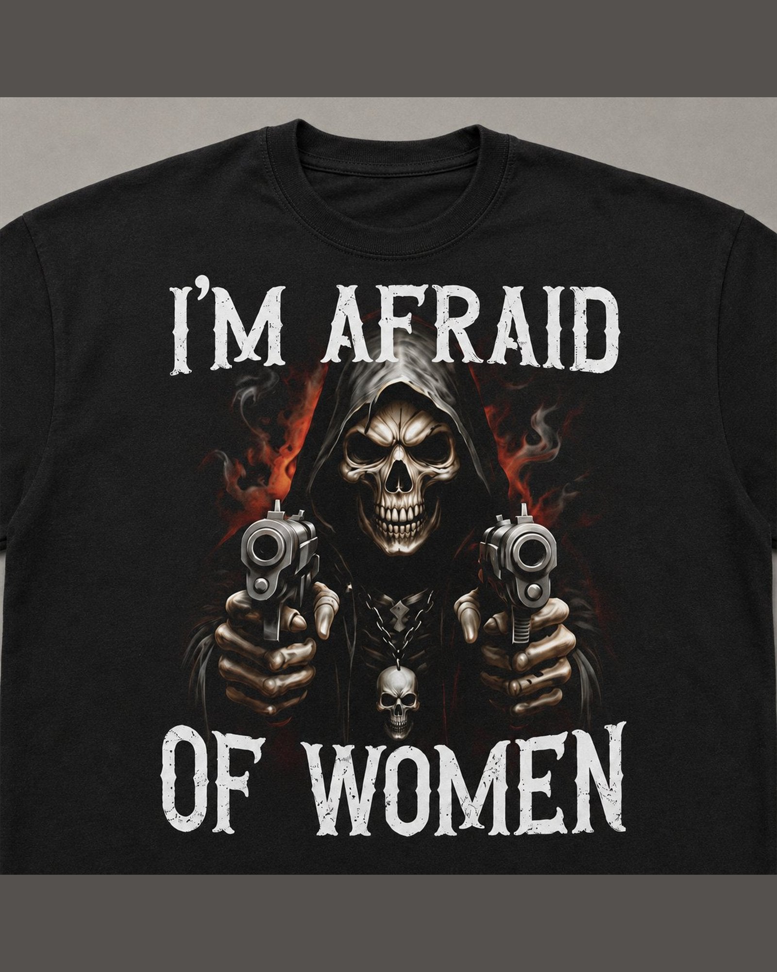 Close-up of the screen printed I'M AFRAID OF WOMEN graphic on heavyweight cotton