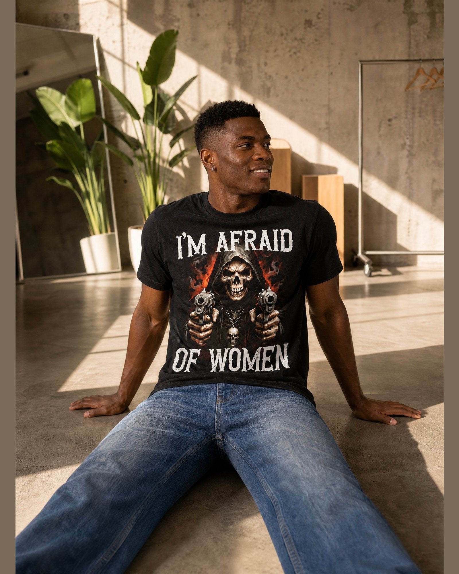 Man wearing the I'M AFRAID OF WOMEN heavyweight boxy tee in Black