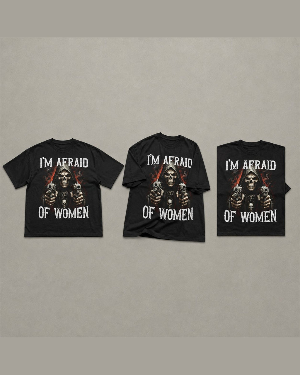 Three I'M AFRAID OF WOMEN tees shown together in Black