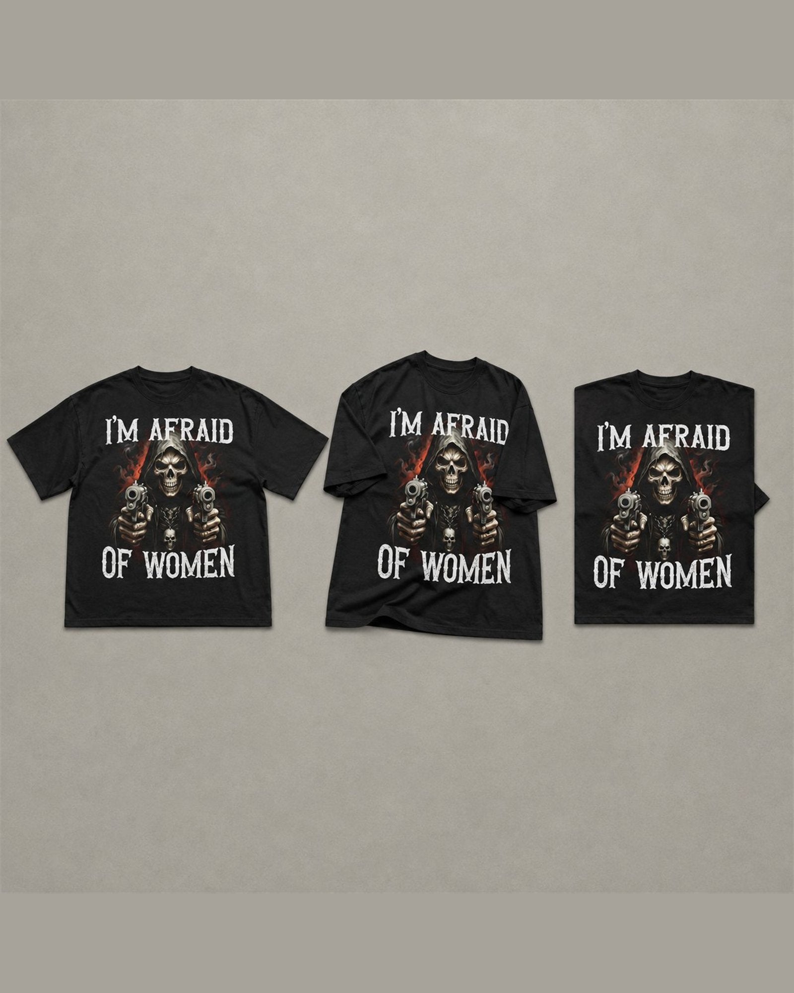 Three I'M AFRAID OF WOMEN tees shown together in Black