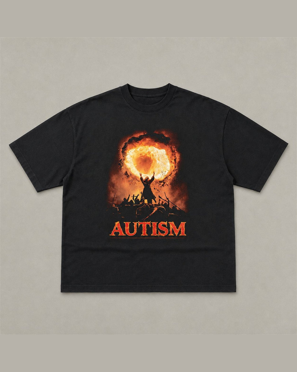 Black heavyweight tee with a large orange fireball graphic and a silhouetted figure with raised arms, with one word printed in red below