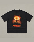 Black heavyweight tee with a large orange fireball graphic and a silhouetted figure with raised arms, with one word printed in red below