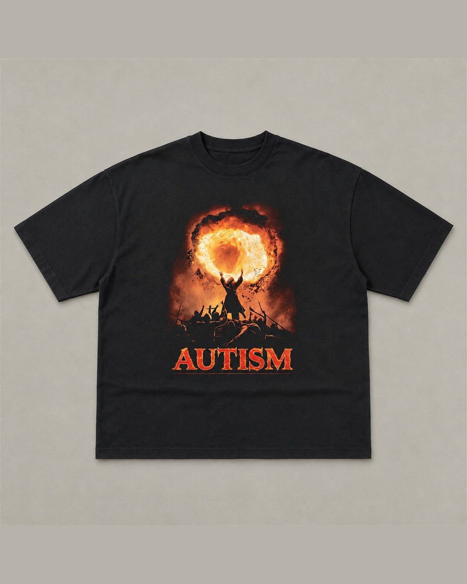 Black heavyweight tee with a large orange fireball graphic and a silhouetted figure with raised arms, with one word printed in red below