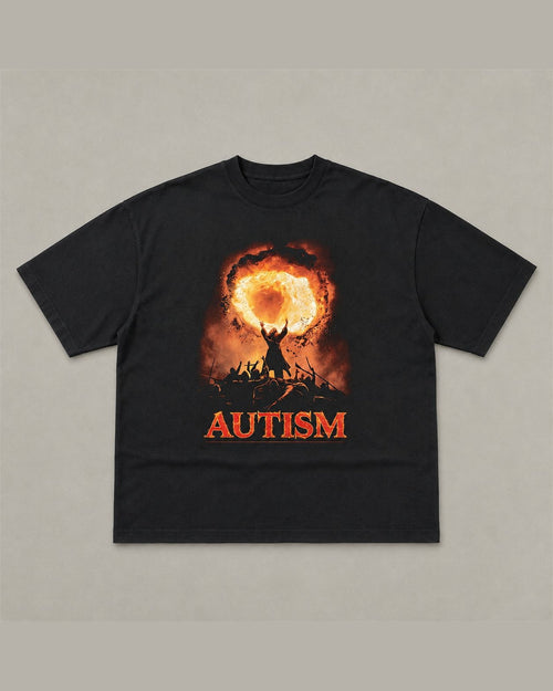Black heavyweight tee with a large orange fireball graphic and a silhouetted figure with raised arms, with one word printed in red below
