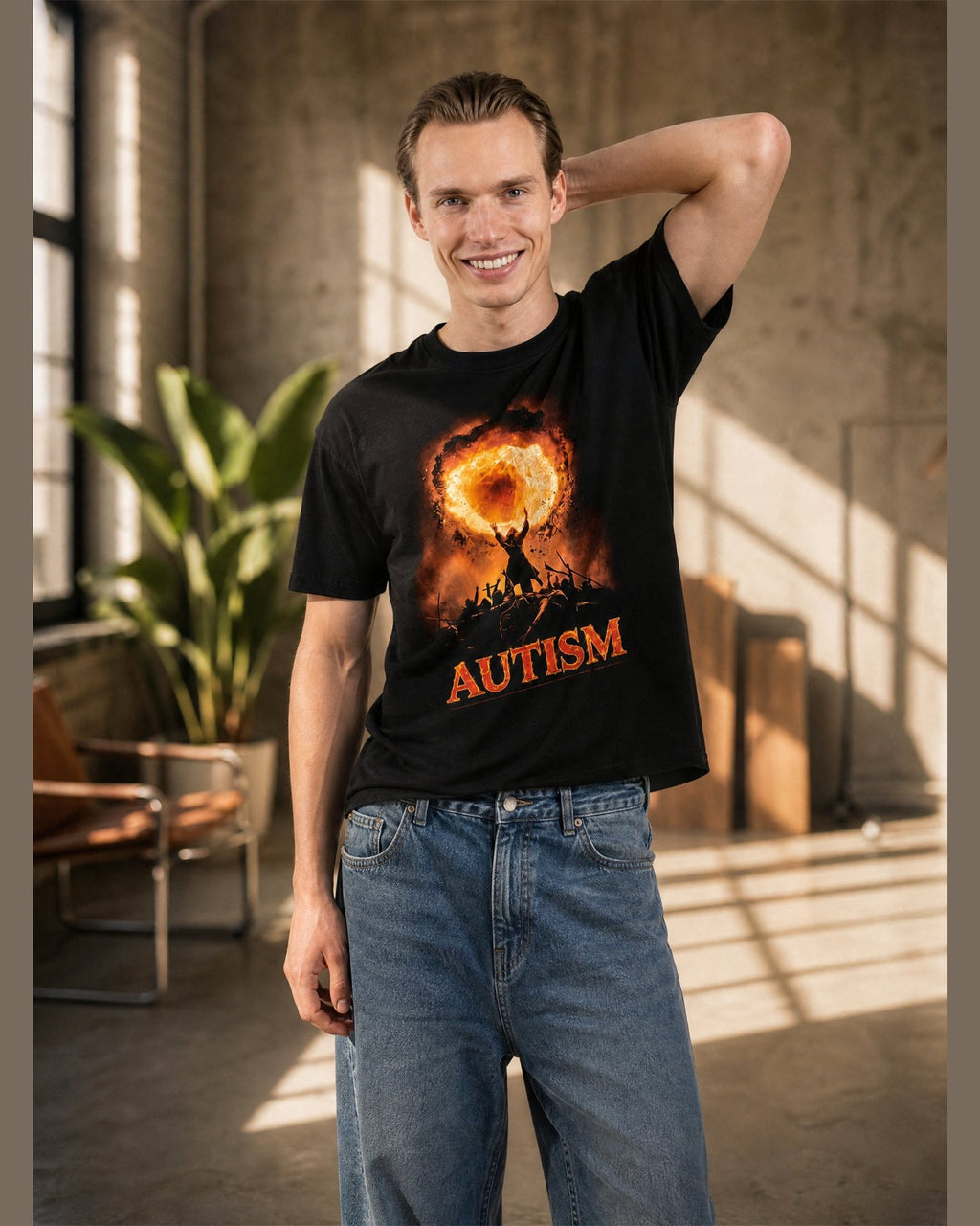 Man wearing the AUTISM heavyweight boxy tee in Black