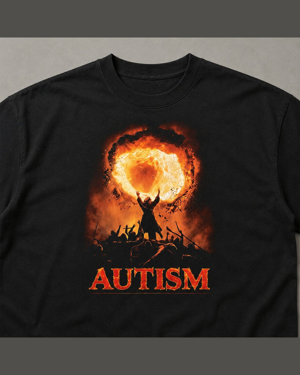 Close-up of the screen printed AUTISM graphic on heavyweight cotton
