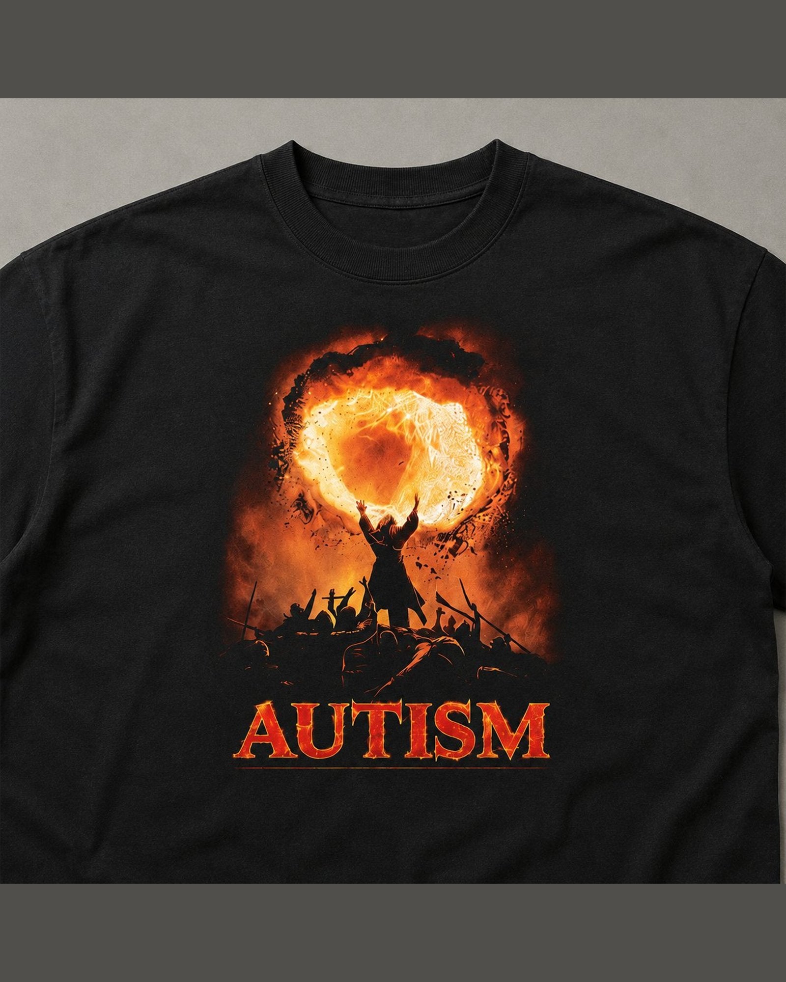 Close-up of the screen printed AUTISM graphic on heavyweight cotton