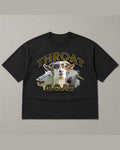 Black heavyweight tee reading THROAT GOAT in gold arch lettering above and below a cut-out collage of three goats wearing sunglasses