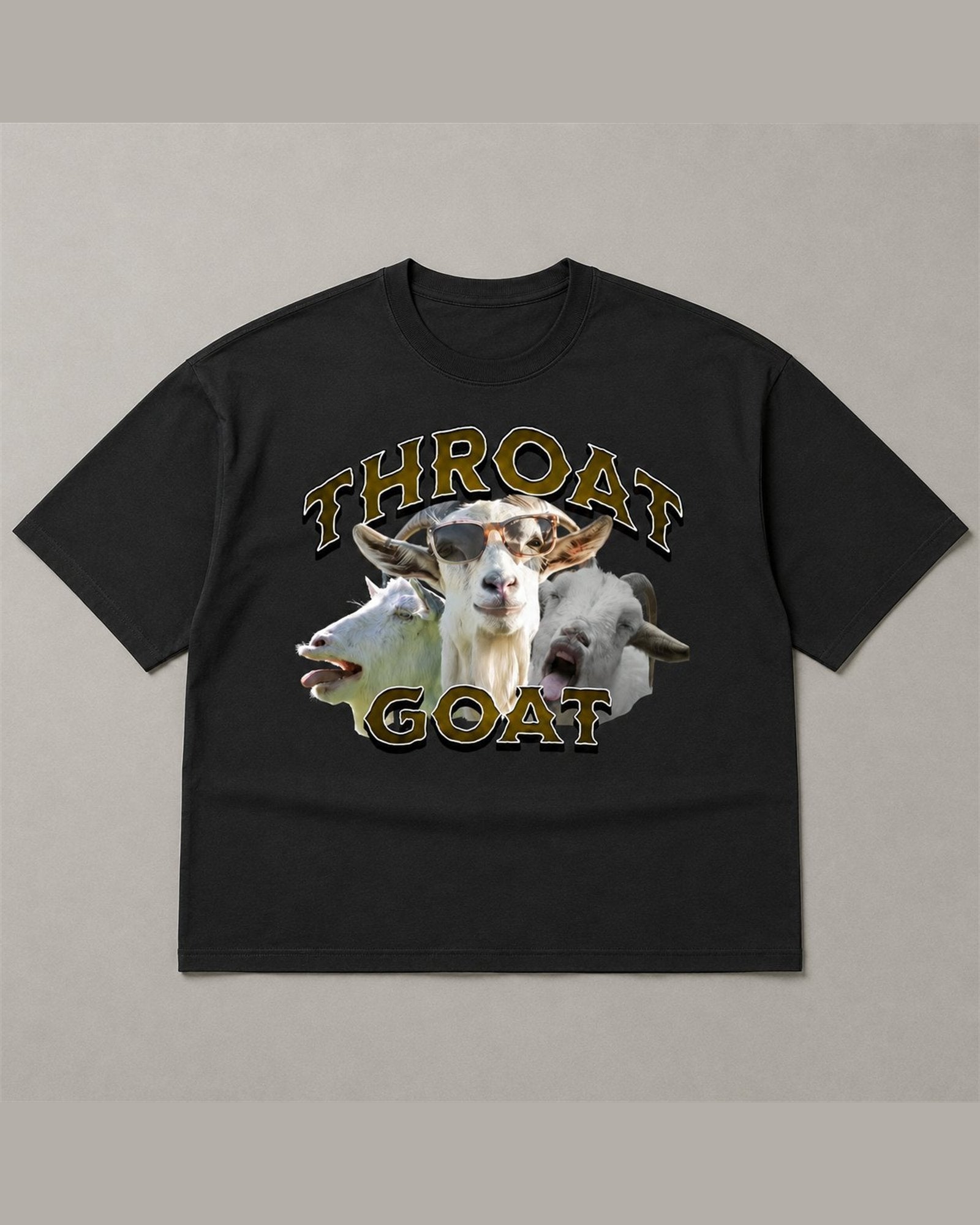 Black heavyweight tee reading THROAT GOAT in gold arch lettering above and below a cut-out collage of three goats wearing sunglasses