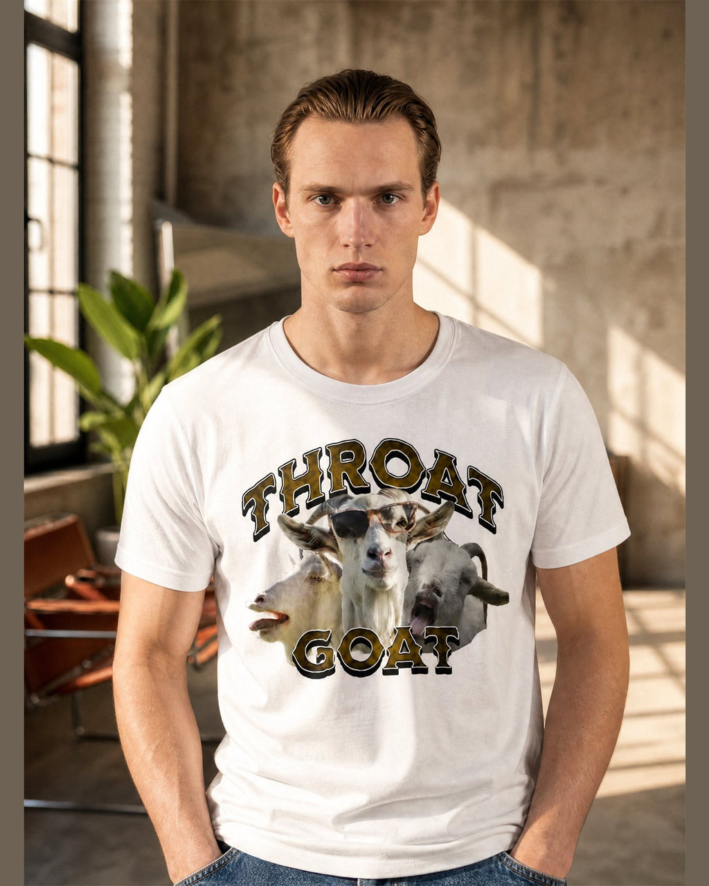 Man wearing the THROAT GOAT heavyweight boxy tee in White
