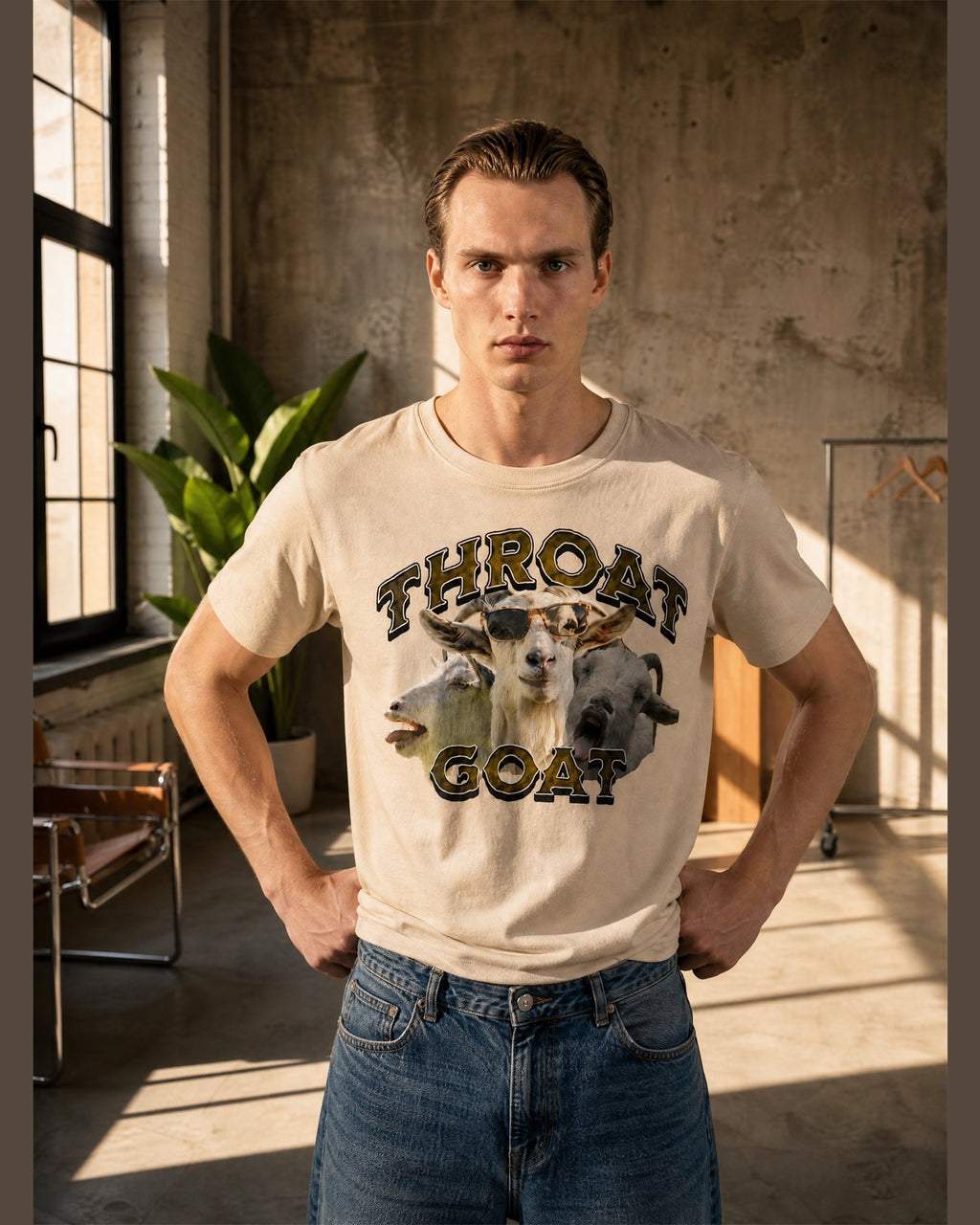 Man wearing the THROAT GOAT heavyweight boxy tee in Cream