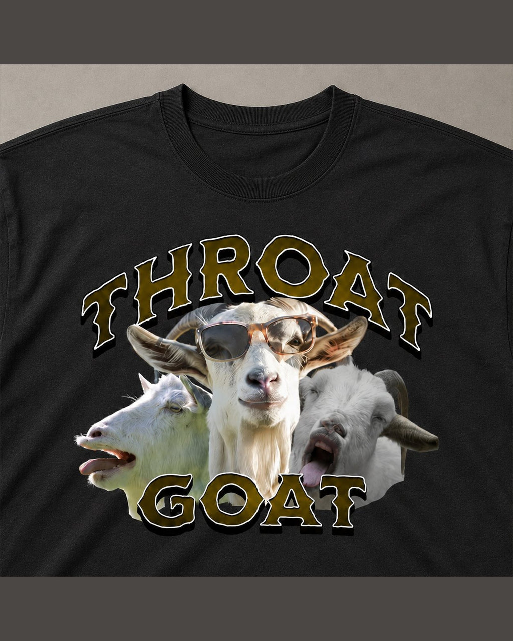 Close-up of the screen printed THROAT GOAT graphic on heavyweight cotton