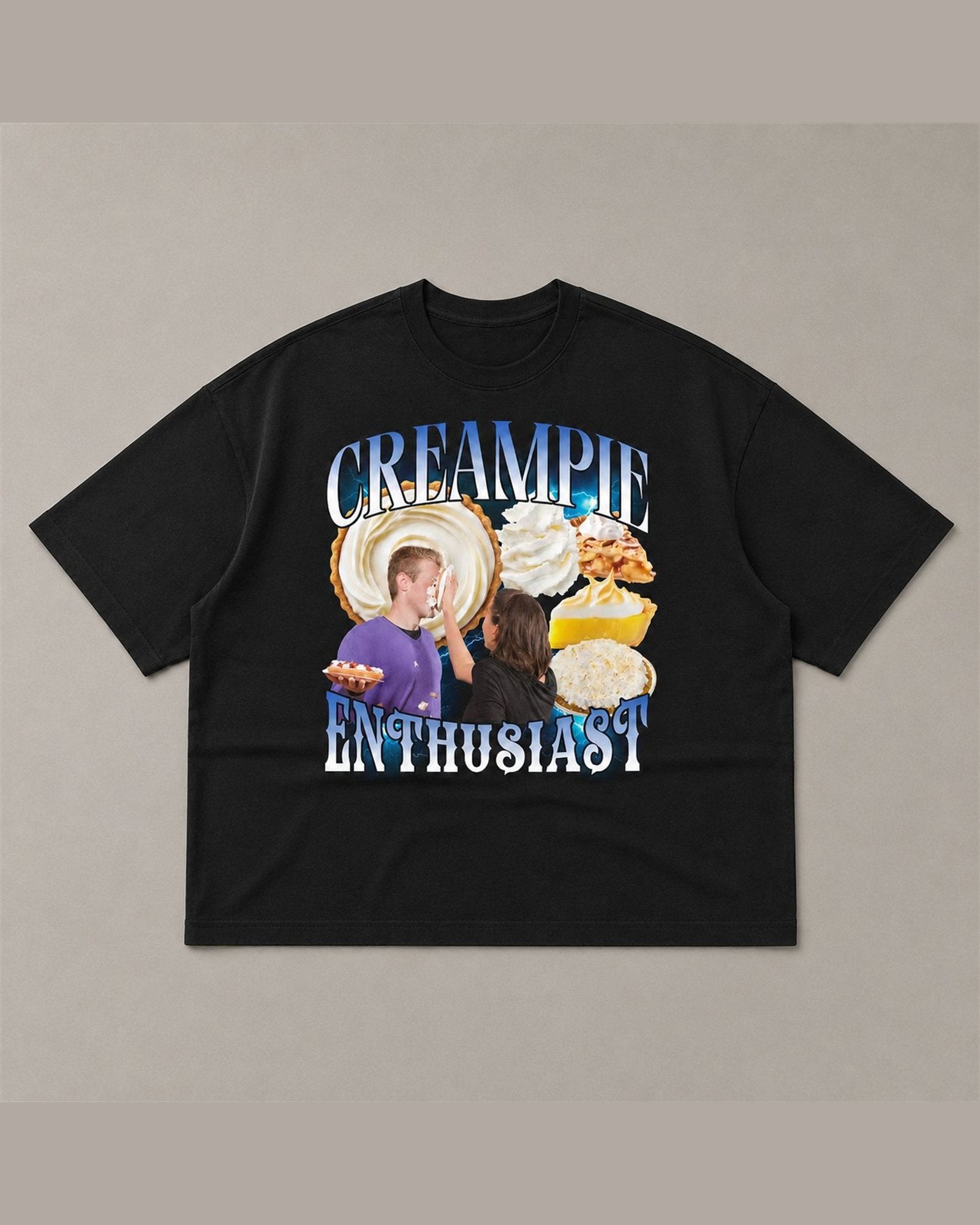 Black heavyweight tee reading CREAMPIE ENTHUSIAST in blue chrome bootleg lettering around photos of cream pies
