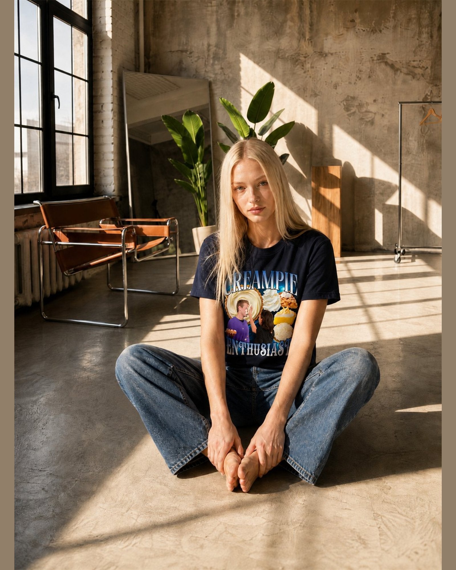 Woman wearing the CREAMPIE ENTHUSIAST heavyweight boxy tee in Navy