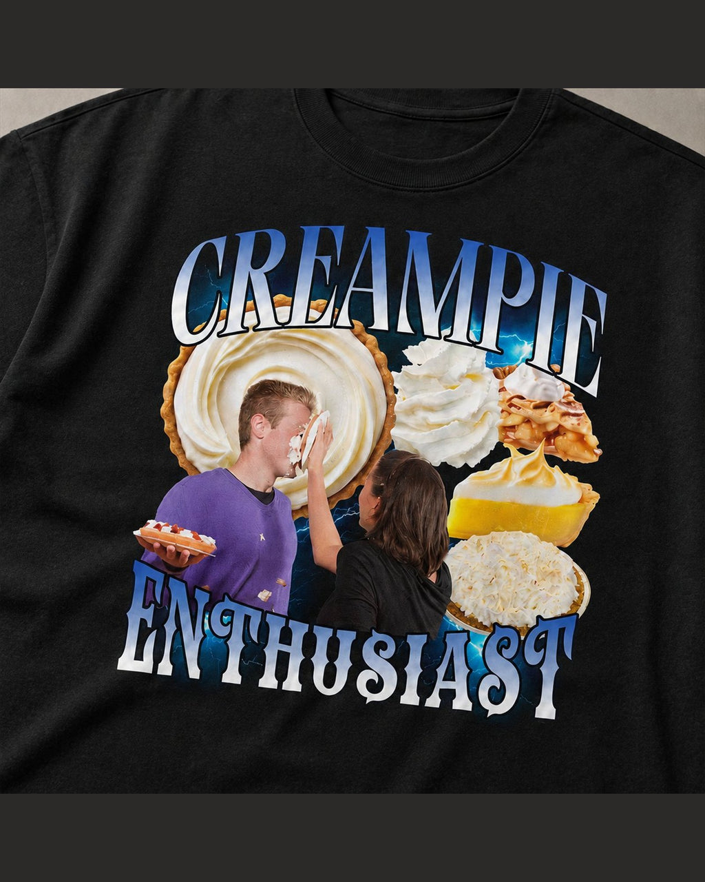 Close-up of the screen printed CREAMPIE ENTHUSIAST graphic on heavyweight cotton