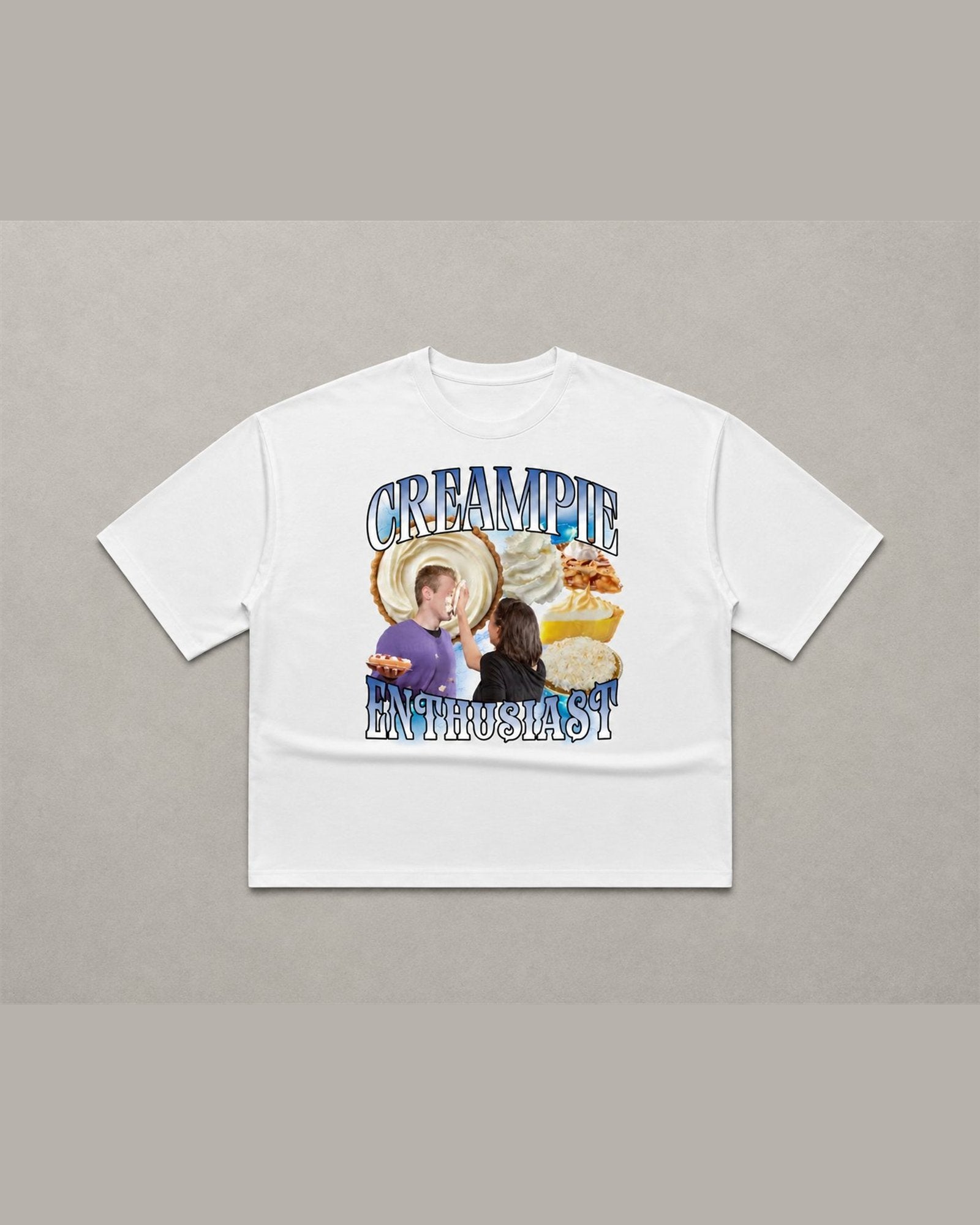 CREAMPIE ENTHUSIAST heavyweight tee laid flat in White