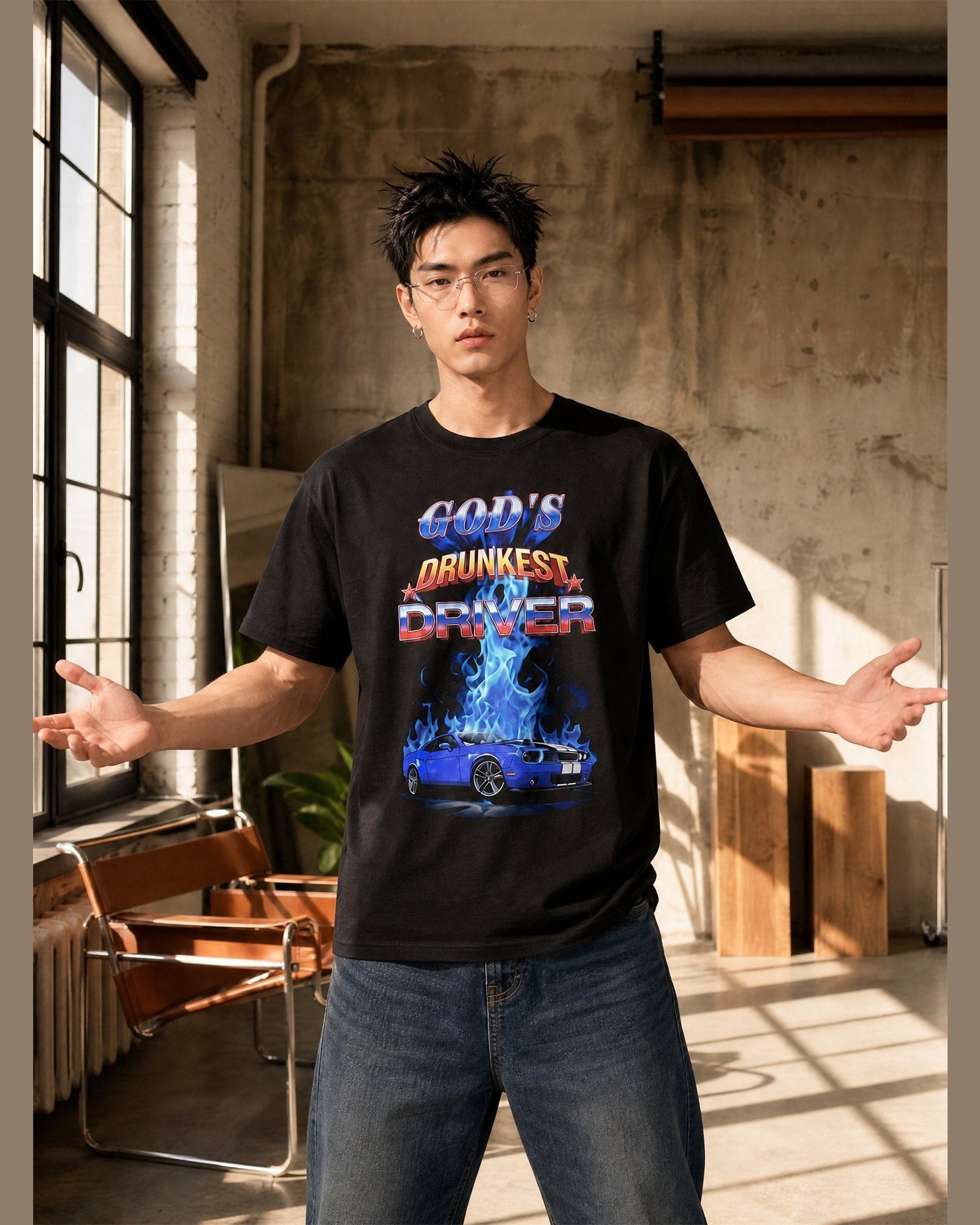 Man wearing the GOD'S DRUNKEST DRIVER heavyweight boxy tee in Black