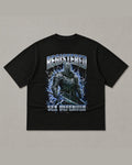 Black heavyweight tee reading REGISTERED SEX DEFENDER in chrome lettering around an armoured knight holding a sword in a lightning storm