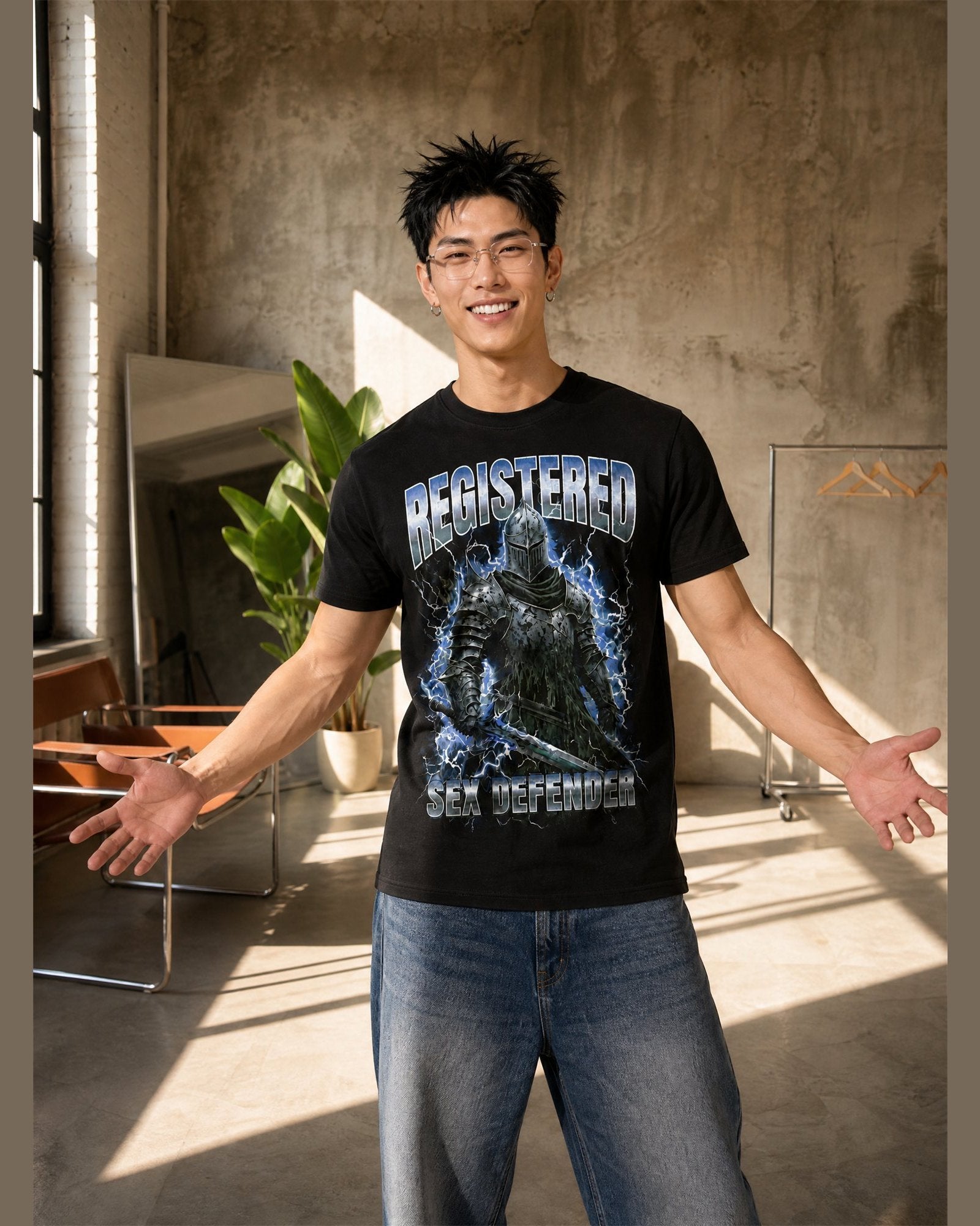 Man wearing the REGISTERED SEX DEFENDER heavyweight boxy tee in Black