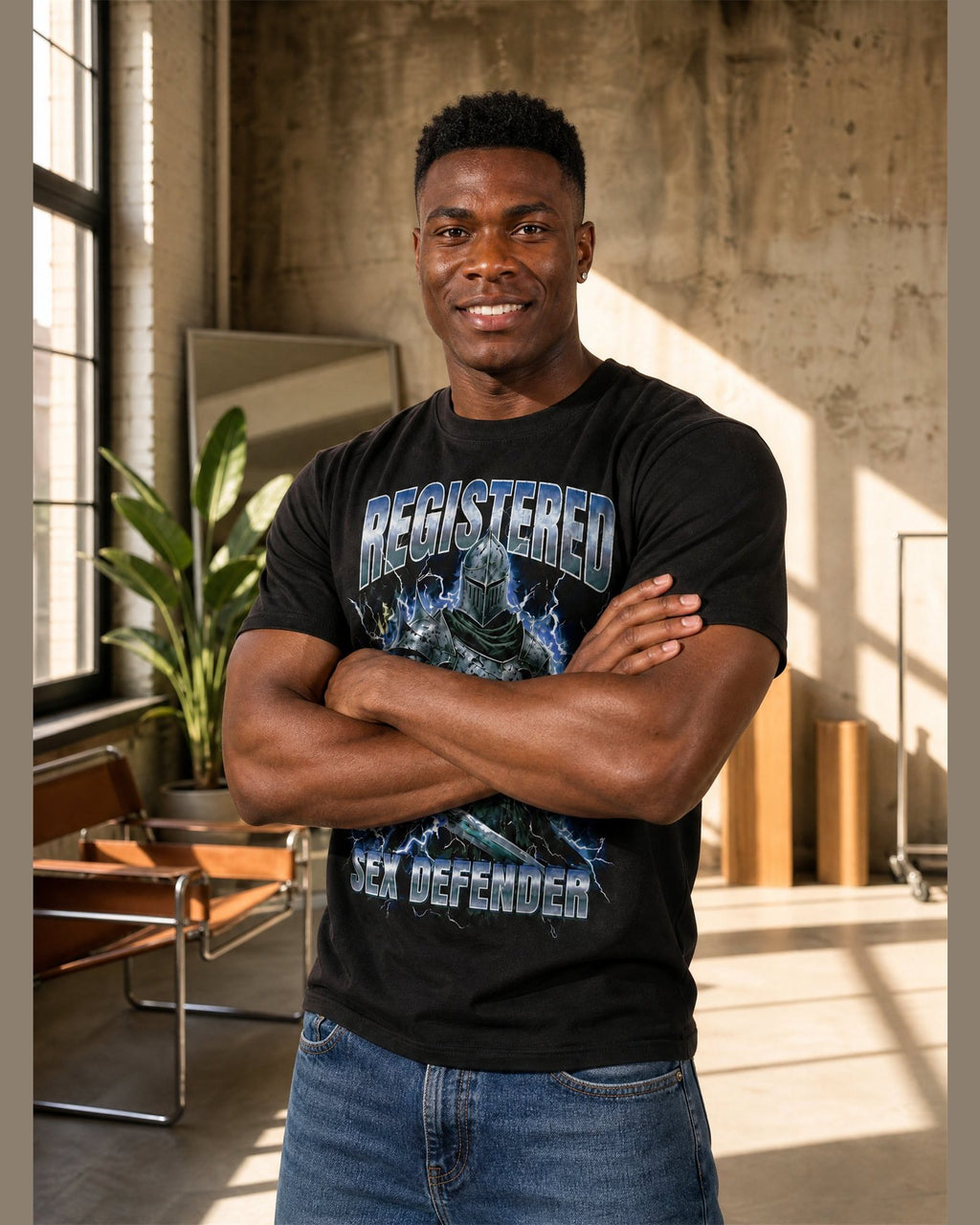 Man wearing the REGISTERED SEX DEFENDER heavyweight boxy tee in Black