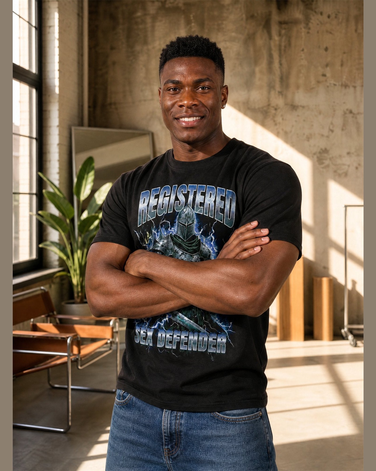Man wearing the REGISTERED SEX DEFENDER heavyweight boxy tee in Black
