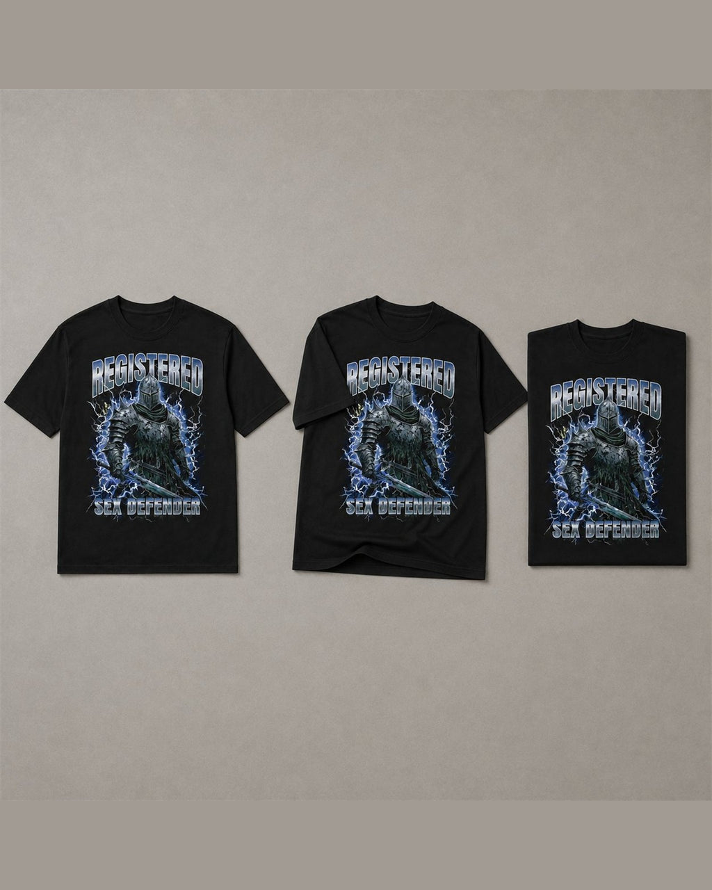 Three REGISTERED SEX DEFENDER tees shown together in Black