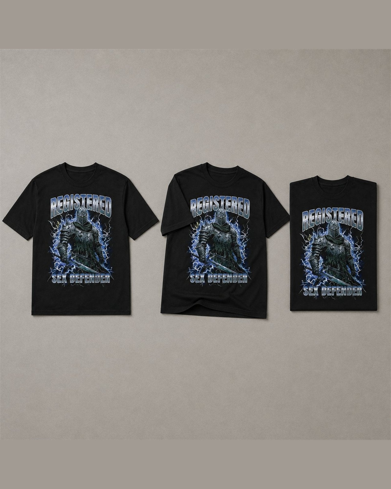 Three REGISTERED SEX DEFENDER tees shown together in Black